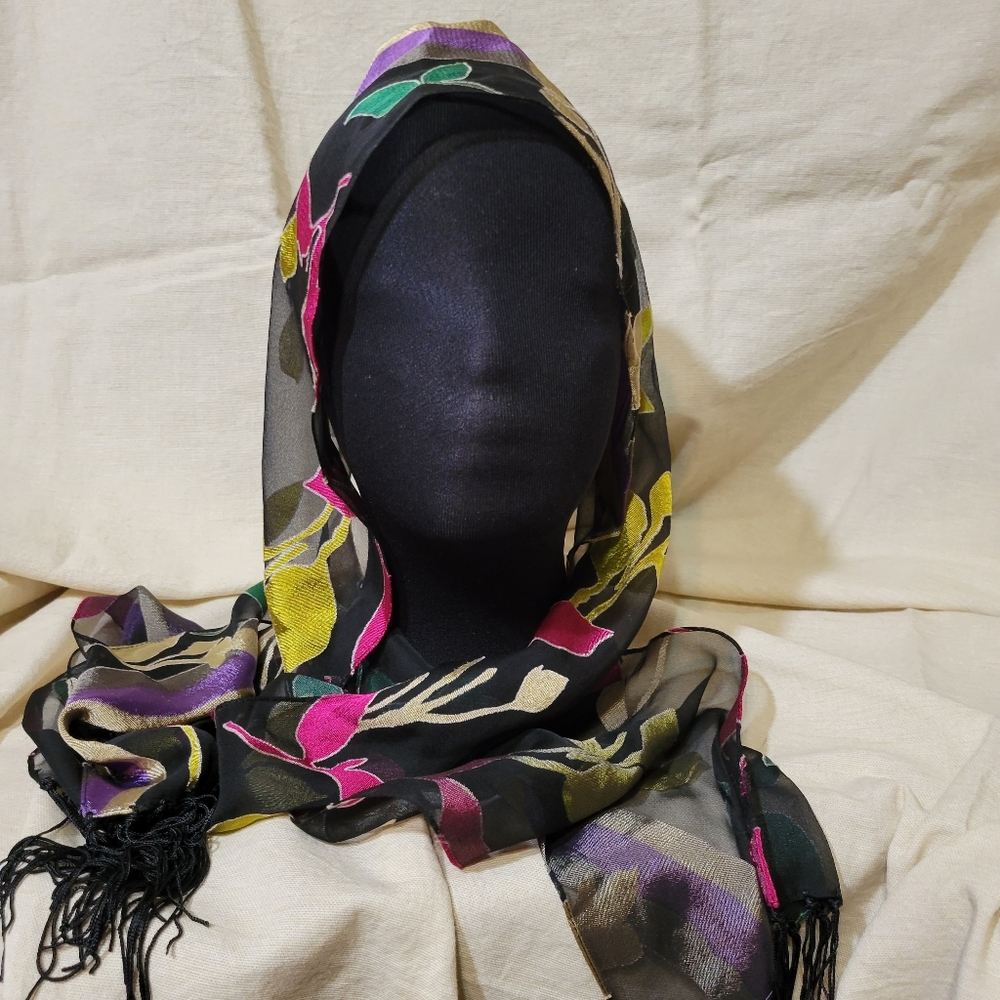 Dramatic Black Sheer Foral Embroidered Tassled  Burnout Scarf